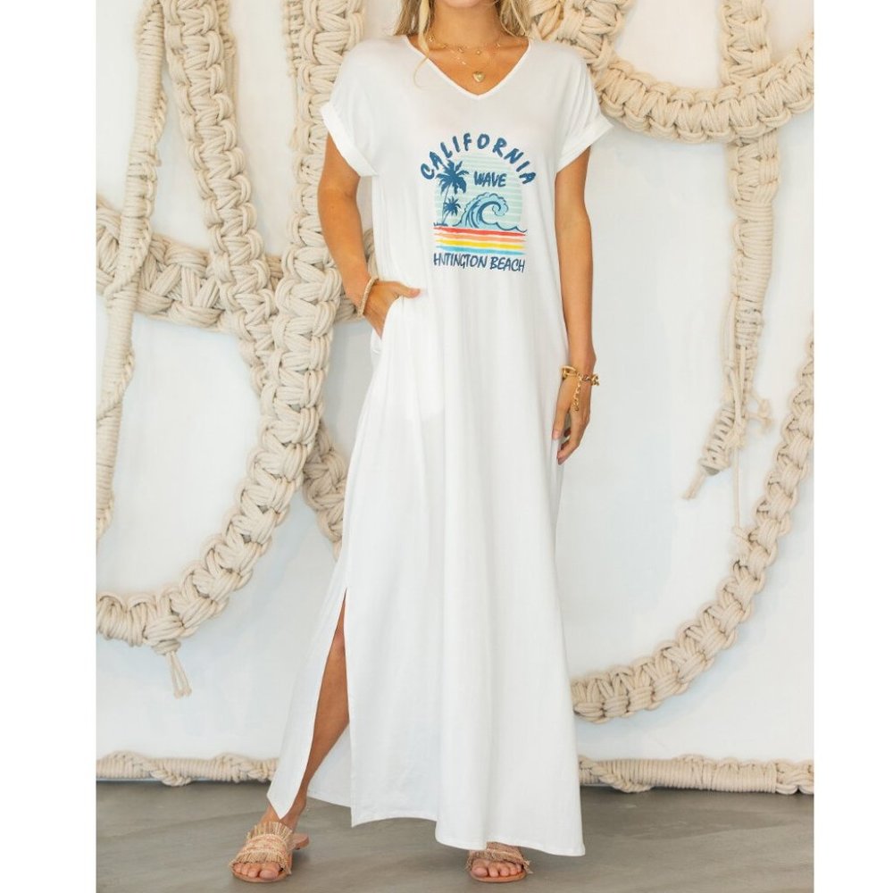White Boho Graphic Long Maxi T-Shirt Tunic Dress